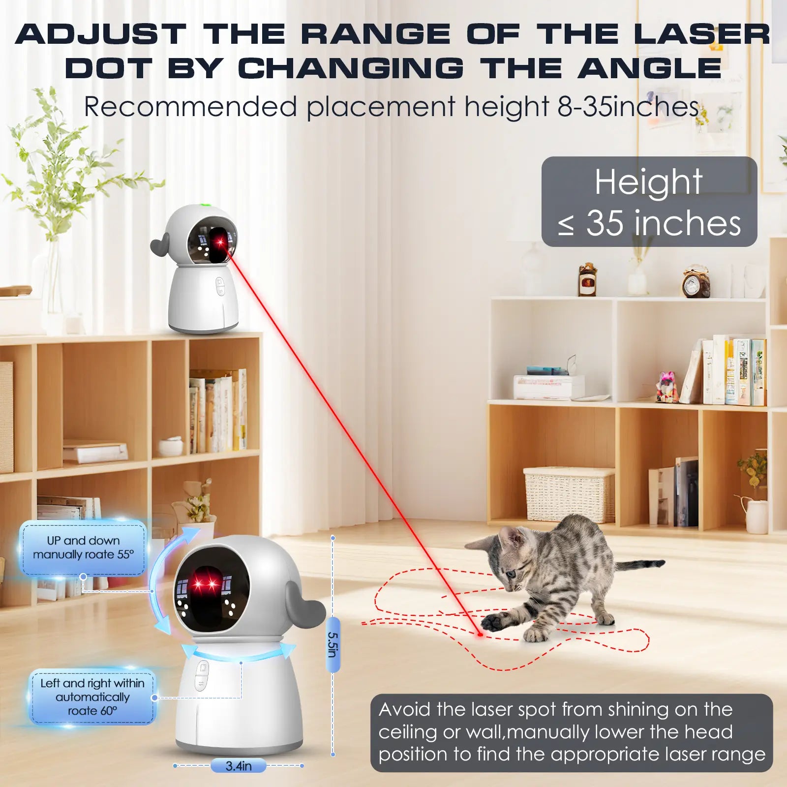 Interactive Motion-Activated Cat Laser Toy 2026 for Indoor Cats and Kittens - Rechargeable, Automatic Play with Dual Patterns and Adjustable Angle for Enhanced Exercise and Engagement for Multiple Pets
