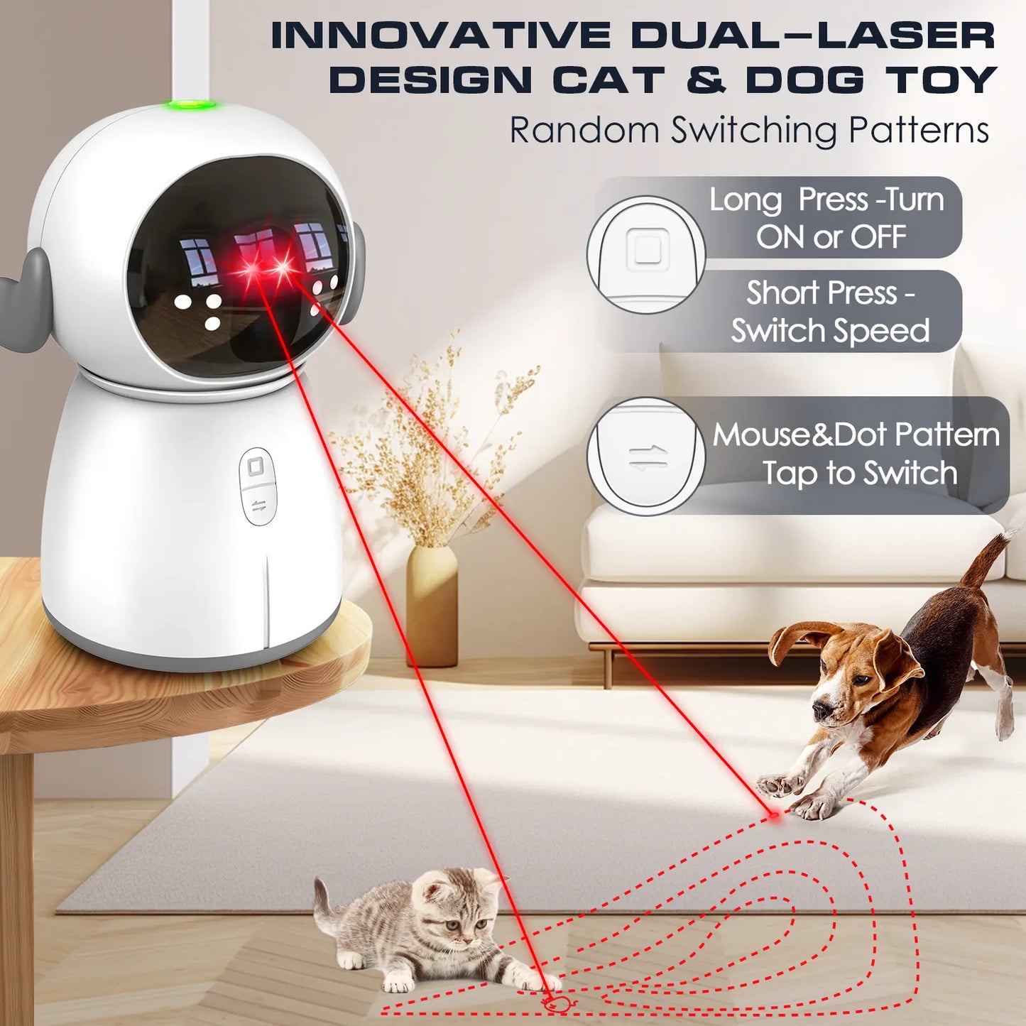 Interactive Motion-Activated Cat Laser Toy 2026 for Indoor Cats and Kittens - Rechargeable, Automatic Play with Dual Patterns and Adjustable Angle for Enhanced Exercise and Engagement for Multiple Pets